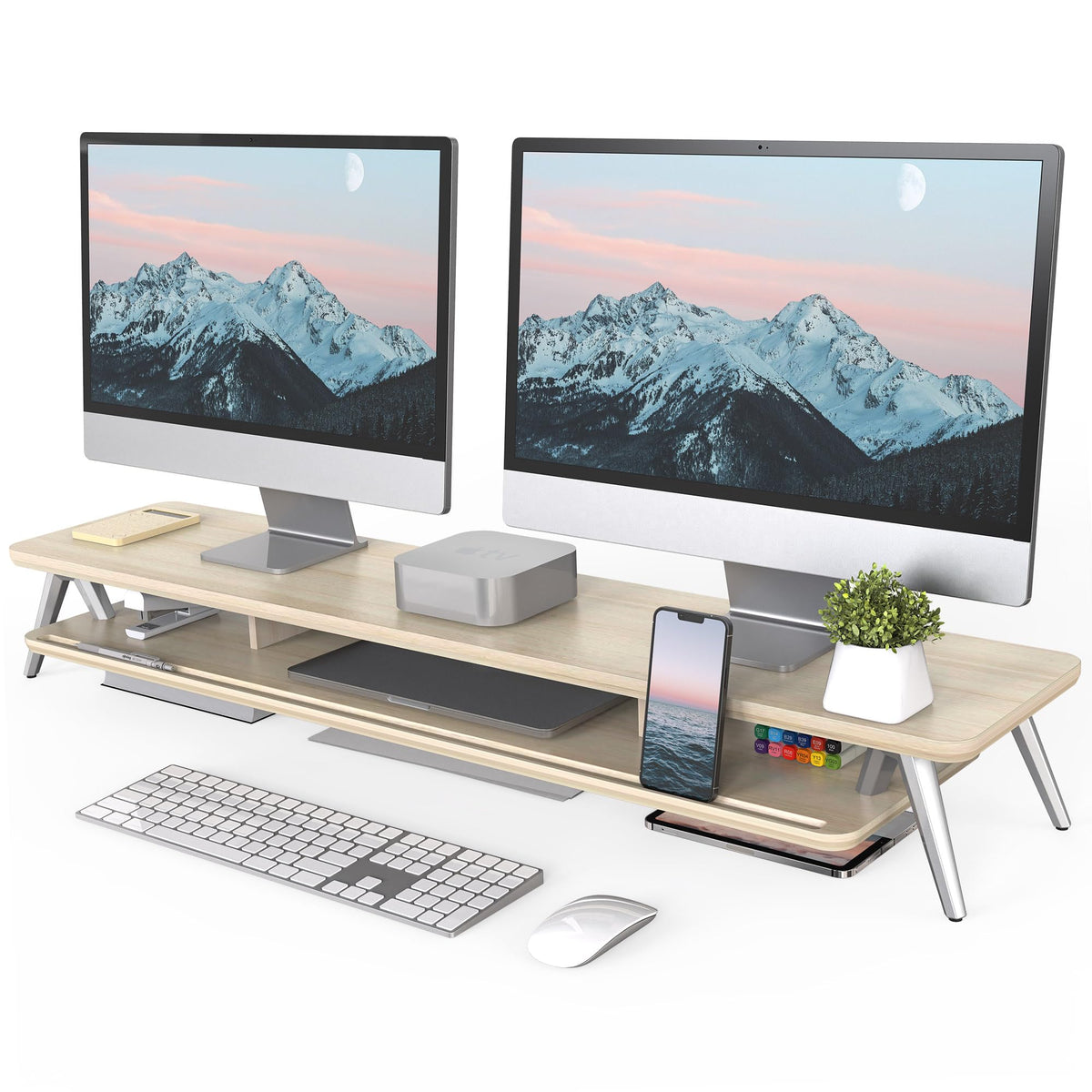 Fenge Dual Monitor Stand Riser, Wooden Desk Shelf with 2-Tier Storage