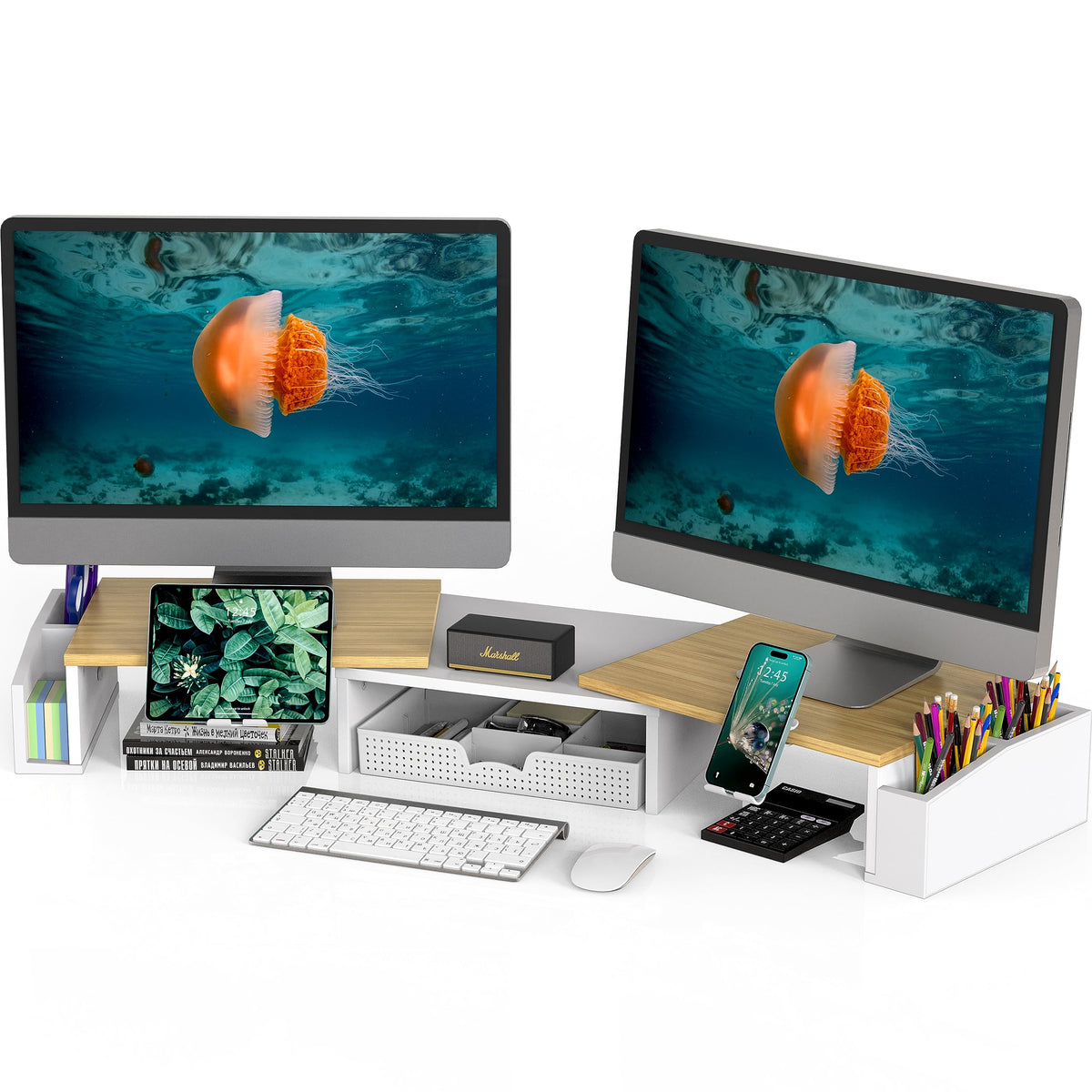 Simple Houseware Desk Dual Monitor Stand Riser with Drawer, Maple