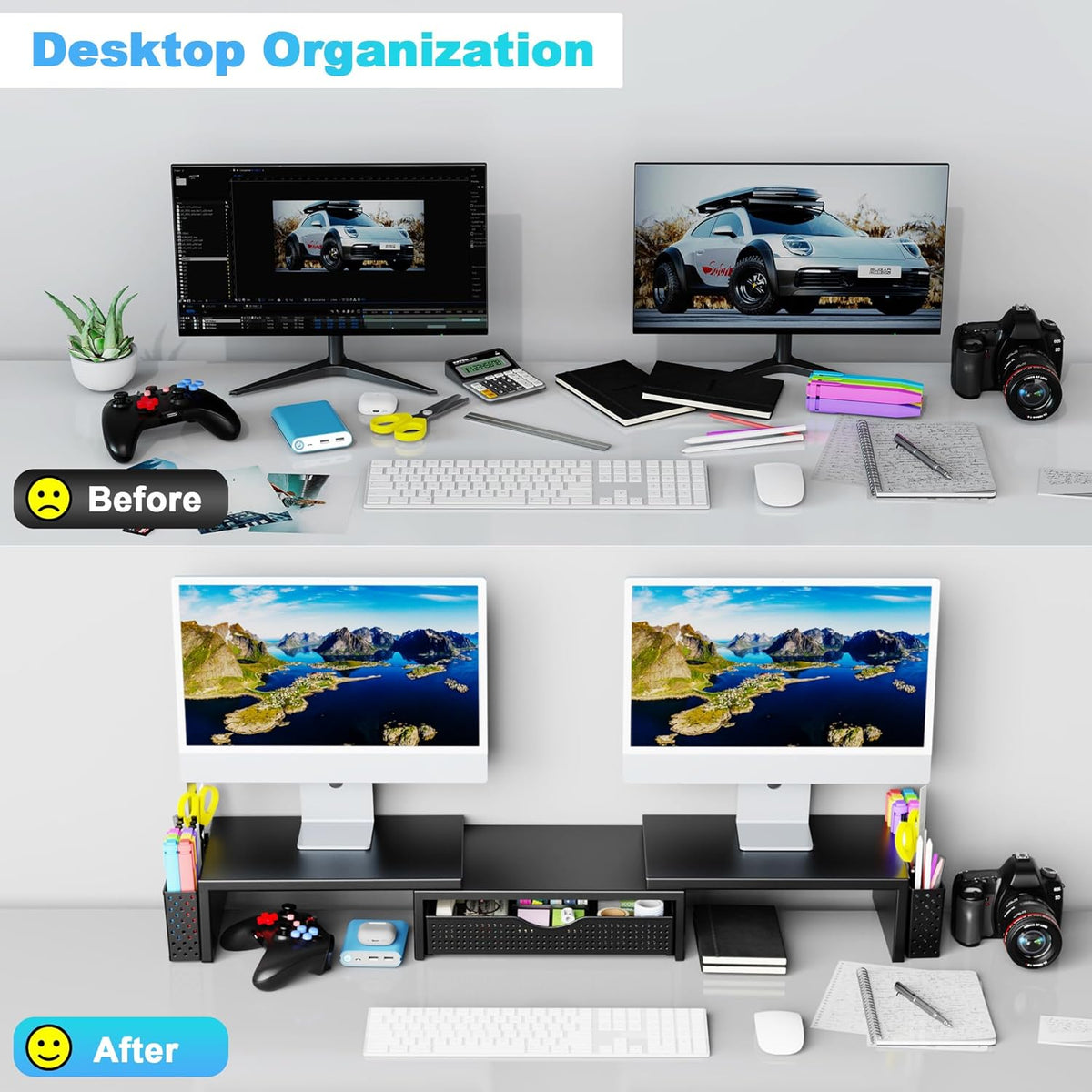 Spacrea Dual Monitor Stand Riser with Drawer and 2 Pen Holders