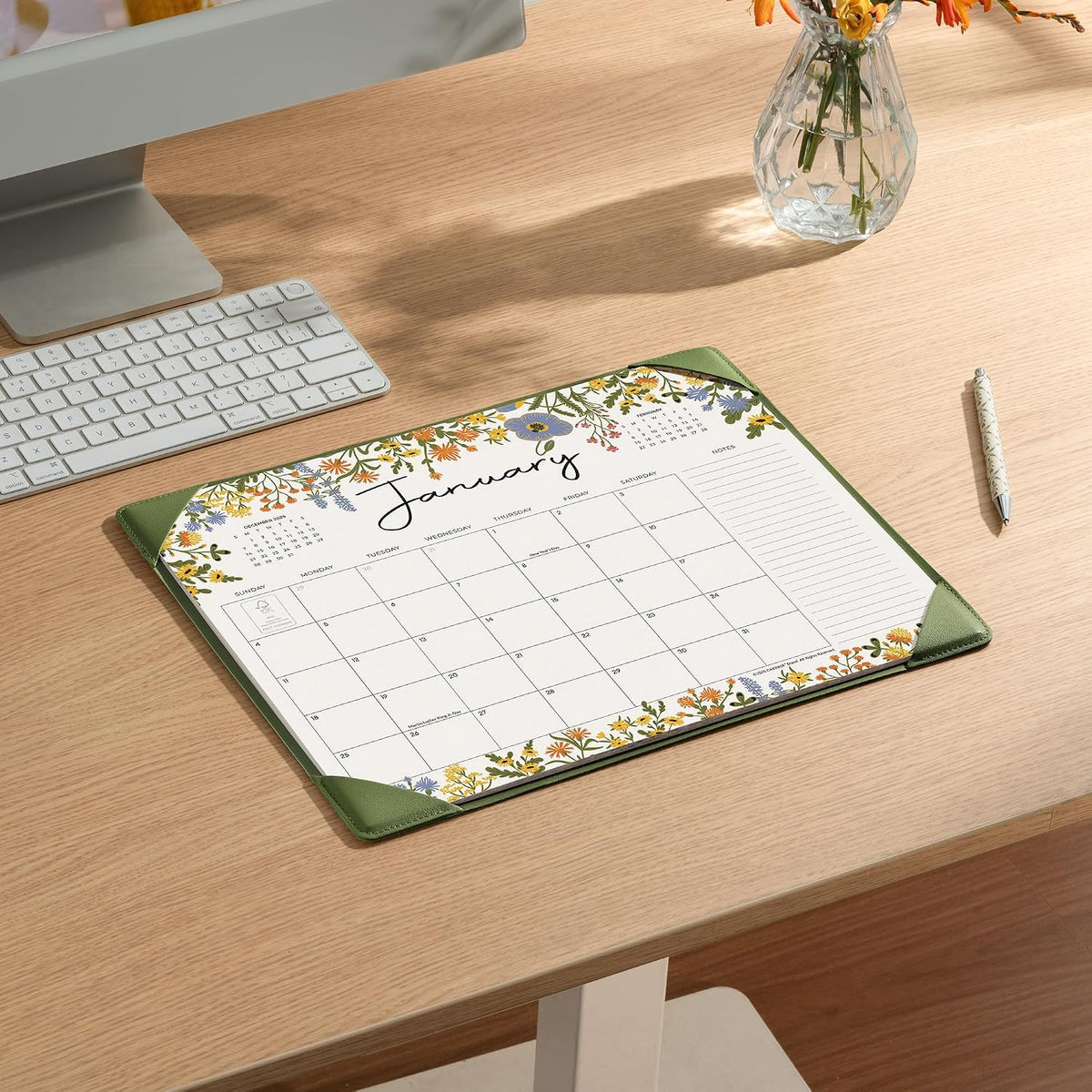 Desk Calendar 2026 with Desktop Mat, Cabbrix Desk Pad Calendar 15 x 12 Inch Runs From July 2026 to December 2027, Floral Design Calendar 2026 for Home School and Office (Green)
