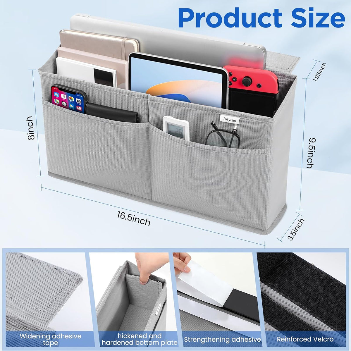 Desk Side Hanging Organizer, Adhesive Storage Bag with Pockets for Magazine Ipad Notebook, for End Tables Home Office Desks Computer Workstations Dressing Table, Grey