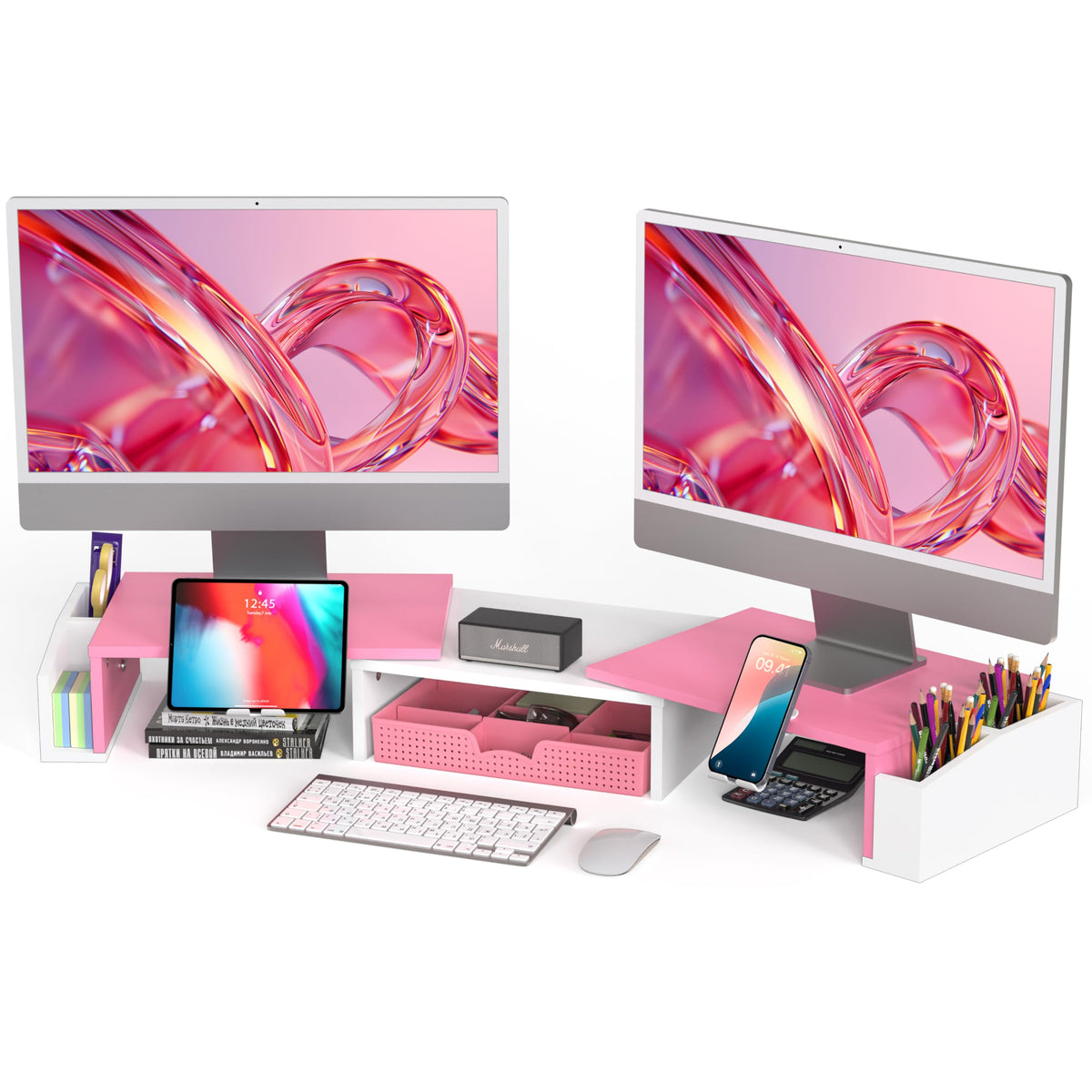 Simple Houseware Desk Dual Monitor Stand Riser with Drawer, Maple