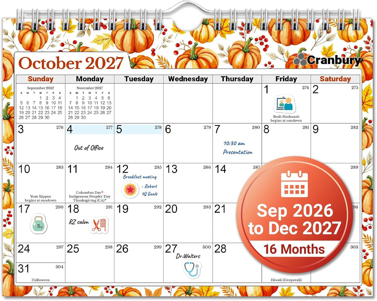 CRANBURY 2026-2027 Wall Calendar 8x6, 16-Month Mini Hanging Planner