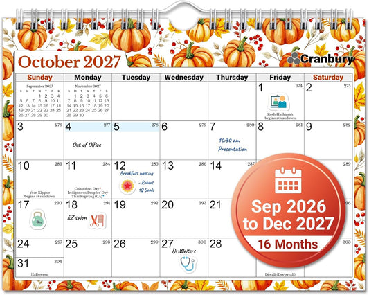 CRANBURY 2026-2027 Wall Calendar 8x6, 16-Month Mini Hanging Planner
