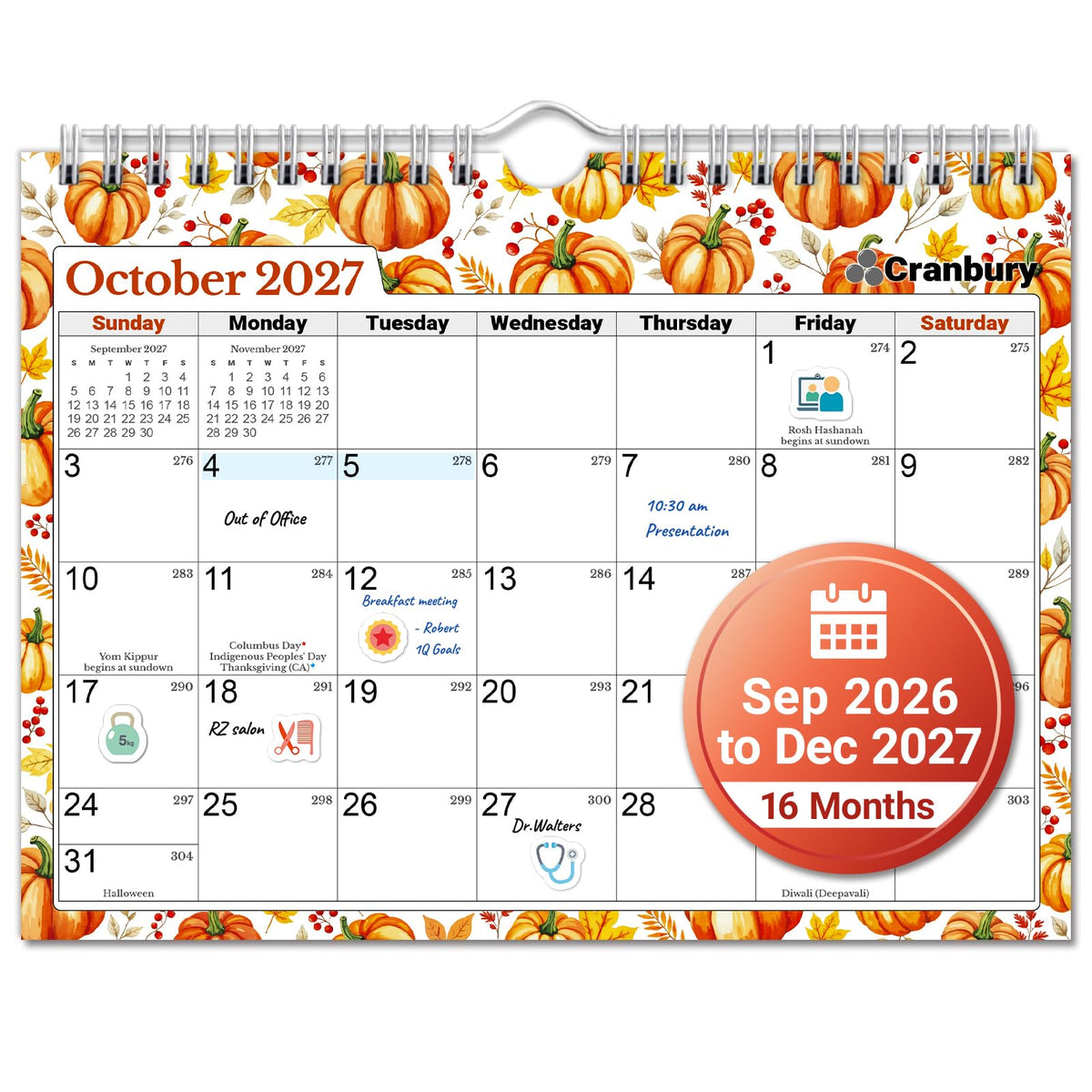 CRANBURY 2026-2027 Wall Calendar 8x6, 16-Month Mini Hanging Planner