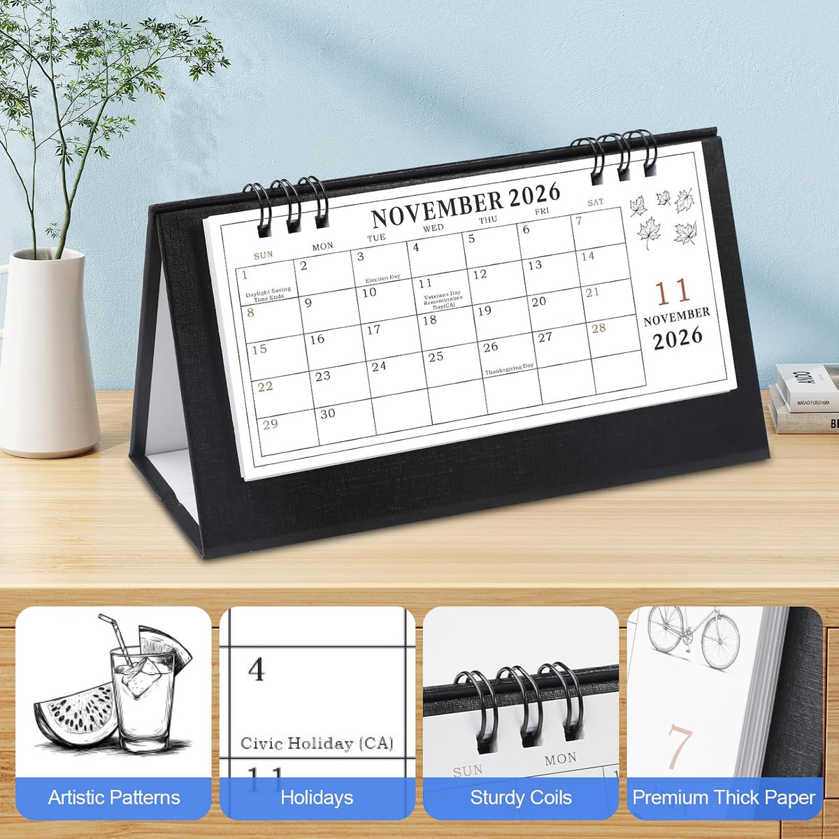 Desk Calendar 2026-2027, Small Standing Flip Calendar, Aug 2026 to Dec 2028