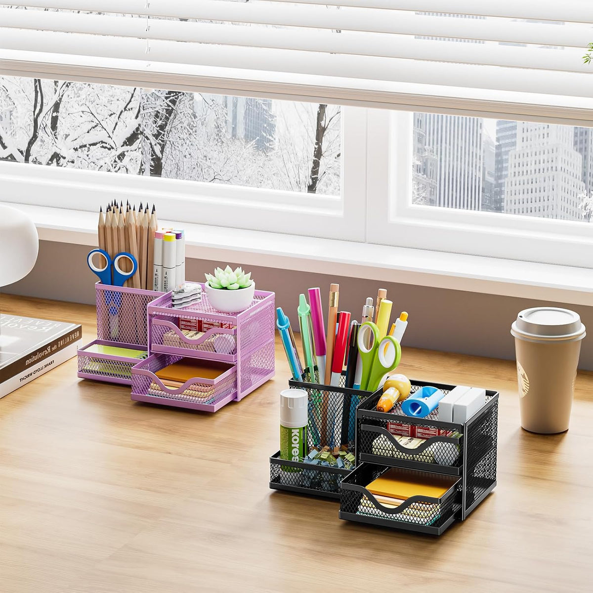 Marbrasse Mesh Pen Holder with 2 Drawers, Multi-Functional Pencil Organizer for Desk, Desk Organizers and Accessories with 3 Compartments + 2 Drawers for Office Art Supplies (Black)