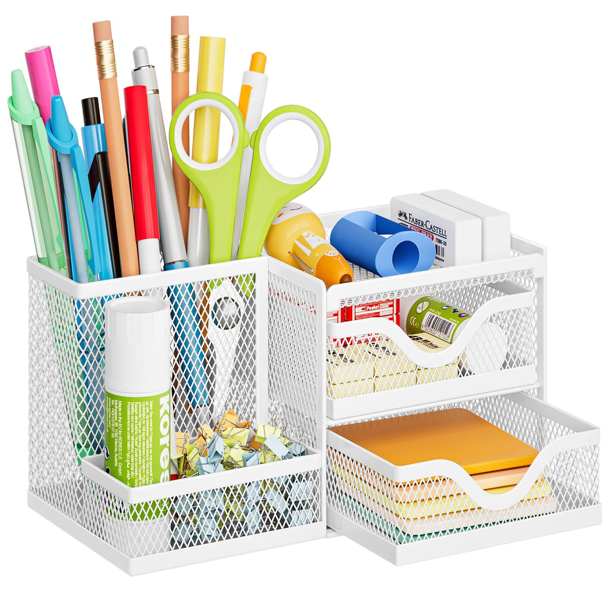 Marbrasse Mesh Pen Holder with 2 Drawers, Multi-Functional Pencil Organizer for Desk, Desk Organizers and Accessories with 3 Compartments + 2 Drawers for Office Art Supplies (Black)