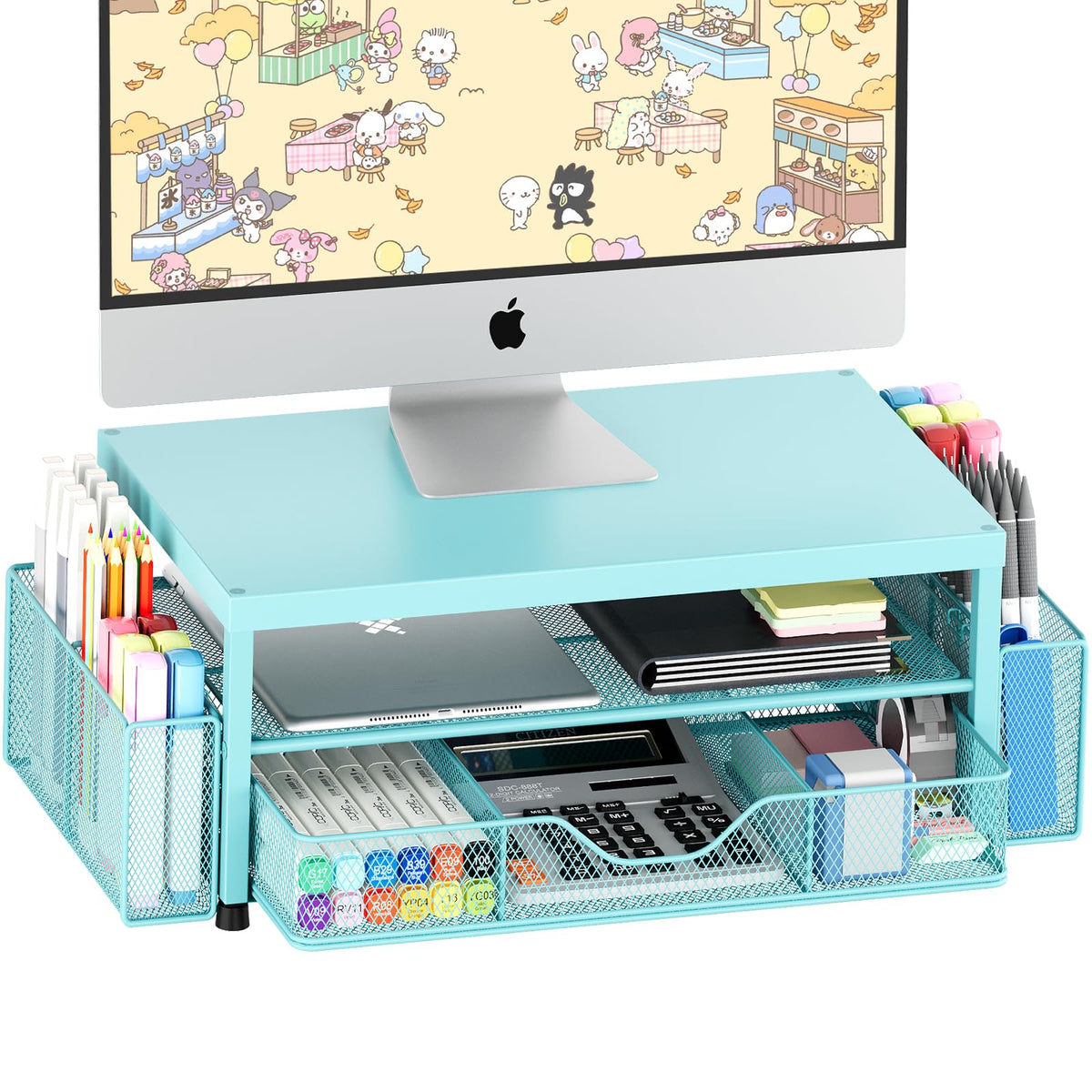 OPNICE Desk Organizer and Accessories, Computer Monitor Stand Riser with Drawer and 2 Pen Holders, Laptop Stand, Office Desk Accessories for Office Supplies, Black