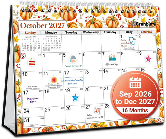 CRANBURY 8x6 Standing Desk Calendar 2027, Seasonal Designs with Stickers