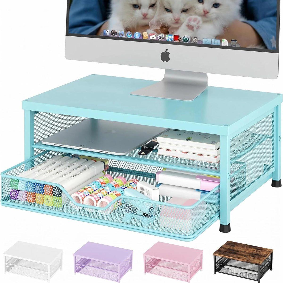 OPNICE Computer Monitor Stand Riser, Desk Organizer with Drawer, Printer & Laptop Stand, Office Desk Accessories & Workspace Desktop Organizers Storage for Office Supplies(Brown)