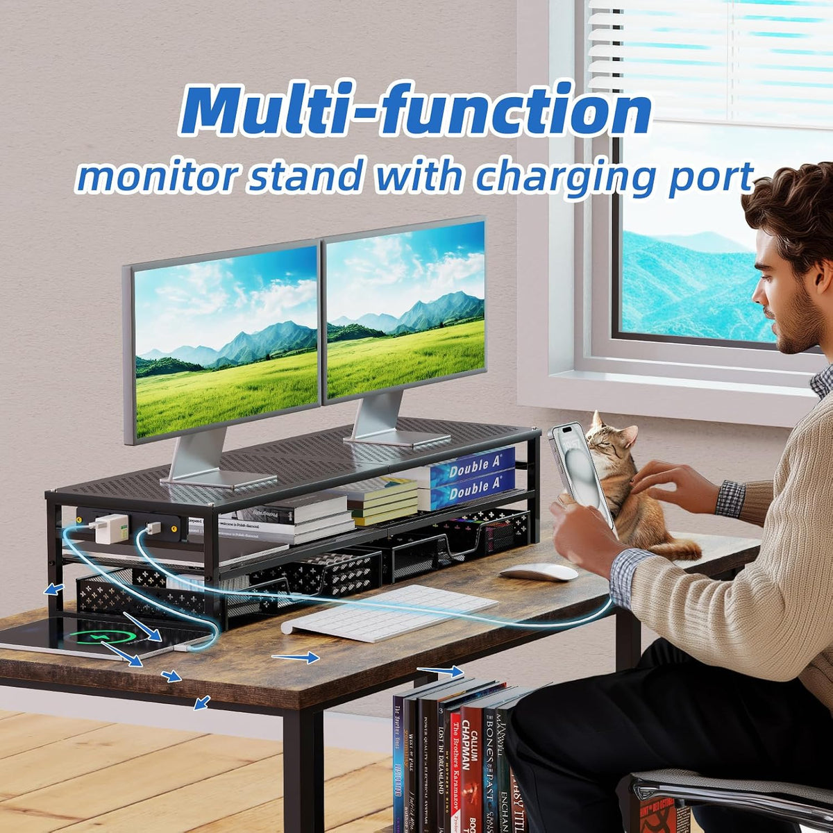 Simple Trending 2-Tier Metal Dual Monitor Stand with USB & 2 Drawers, Black