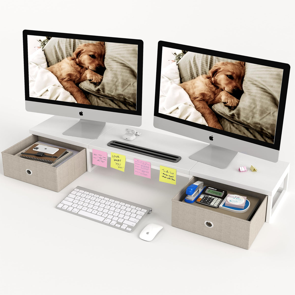 39 Inch Dual Monitor Stand Riser with 2 Drawers - Large Black Wooden Computer Stand for 2 Monitors, Ergonomic Desk Organizer with Phone Holder, Desktop Storage for Laptop, Office Supplies, Home Office