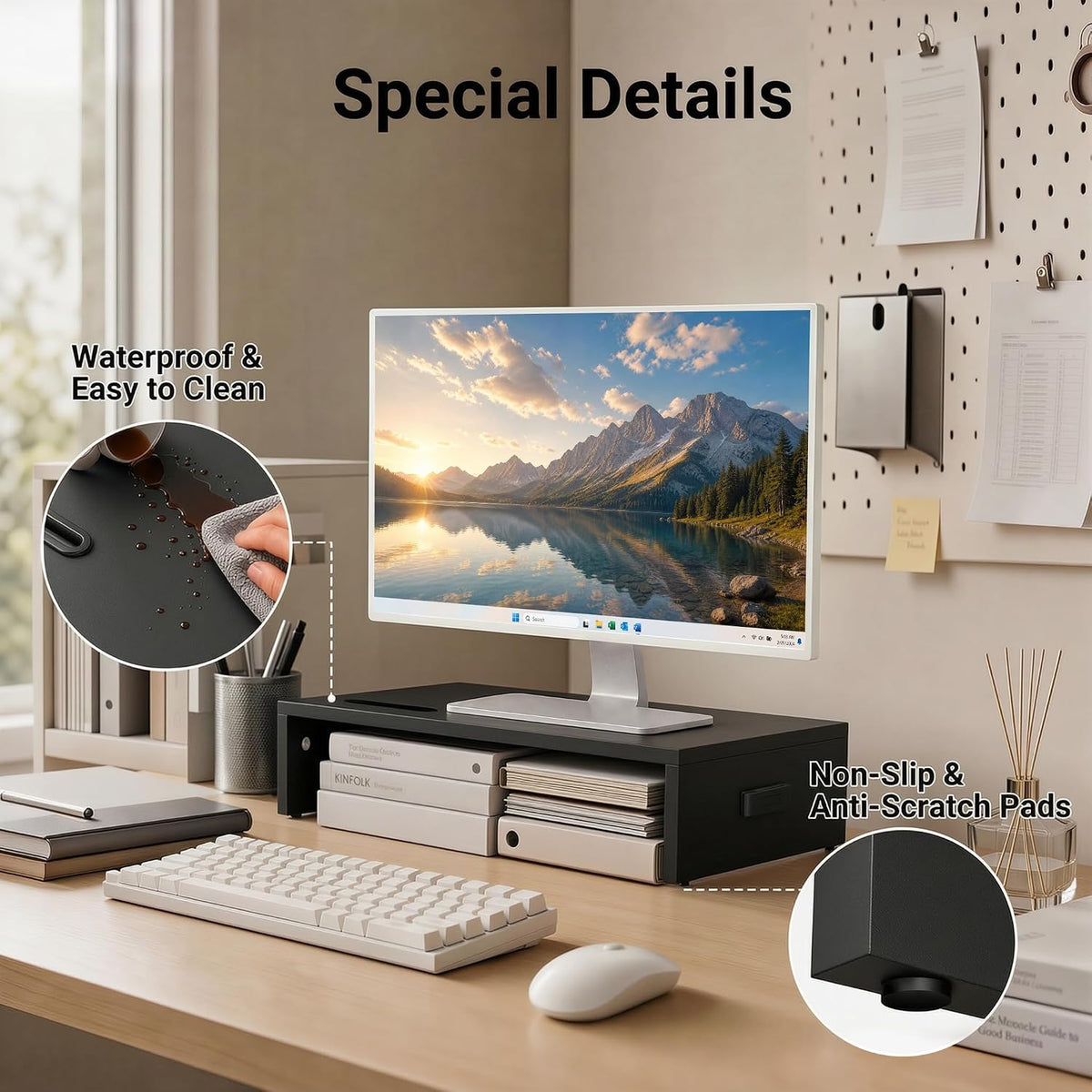 1home Monitor Stand Riser, 16.7 Inch Wood Monitor Riser Stand with Storage Organizer, Desktop Ergonomic Monitor Stand Riser with Cellphone Holder and Cable Management, Black