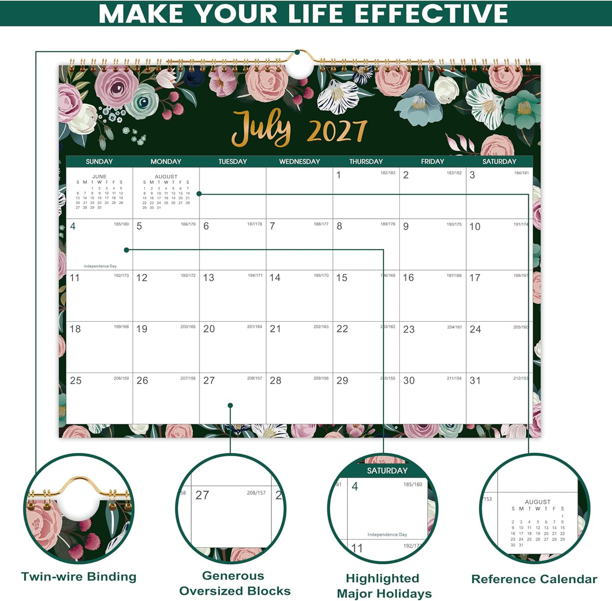 2027 Calendar - 2027 Wall Calendar, Jan. 2027 - Dec. 2027, 12-Month Calendar, 15" x 11.5", Twin-Wire Binding + Hanging Hook + Thick Paper + Unruled Blocks with Julian Dates - Floral