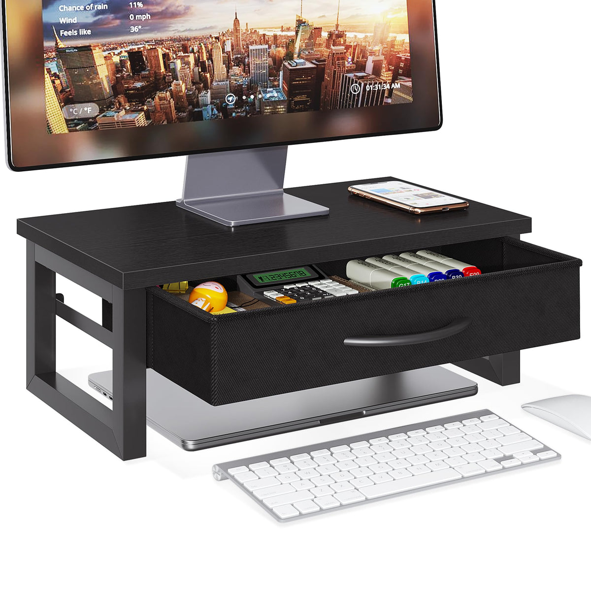Computer Monitor Stand Riser with Drawer, 2-Tier Desk Accessories & Workspace Organizers, Laptop Stand for Desk with Storage, Office Organization, Wood