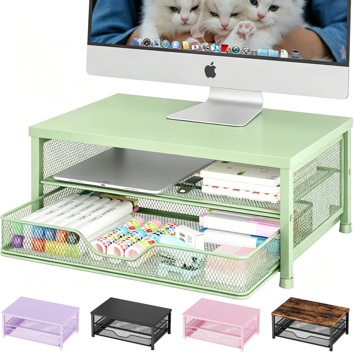 OPNICE Computer Monitor Stand Riser, Desk Organizer with Drawer, Printer & Laptop Stand, Office Desk Accessories & Workspace Desktop Organizers Storage for Office Supplies(Brown)