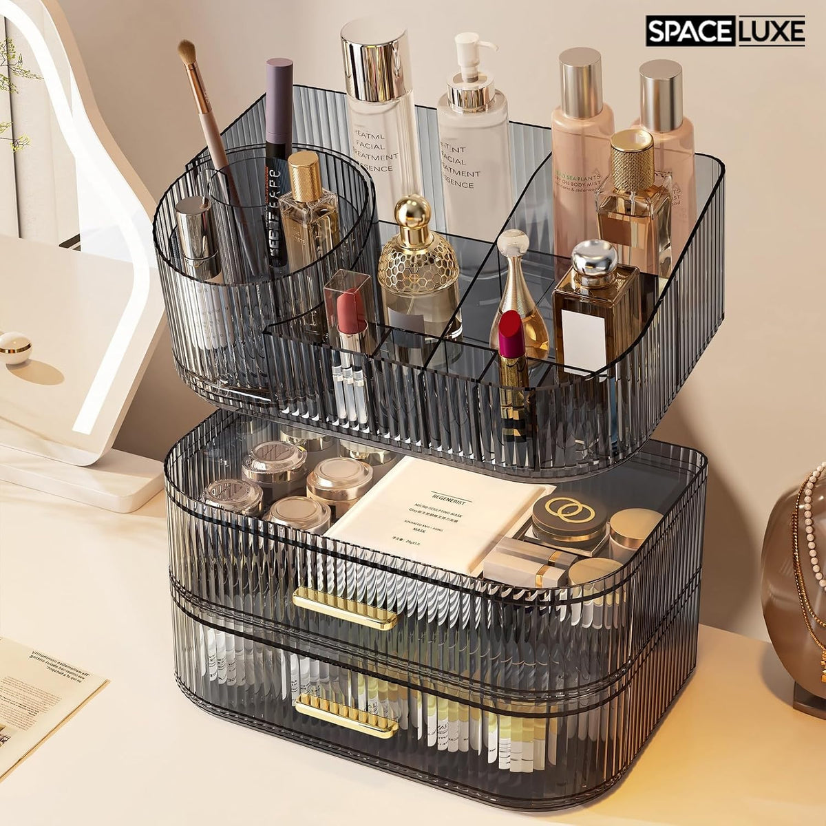 Large Makeup Organizer with Drawers, 360° Rotating Brush Holder