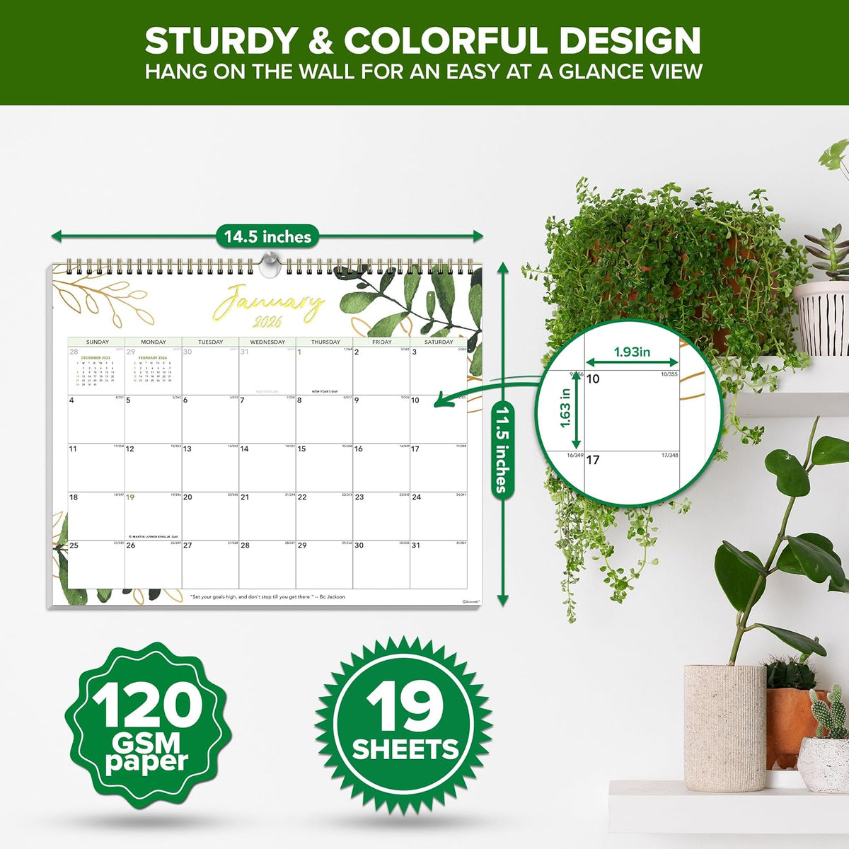 Decorably 18 Months Gold-Foiled Greenery Academic 18 Month 2025 Calendar Wall July 2025 to Dec 2026, 14.5x11.5in Spring-Bound Green Wall Calendar with Inspirational Quotes for Office and Home Planning
