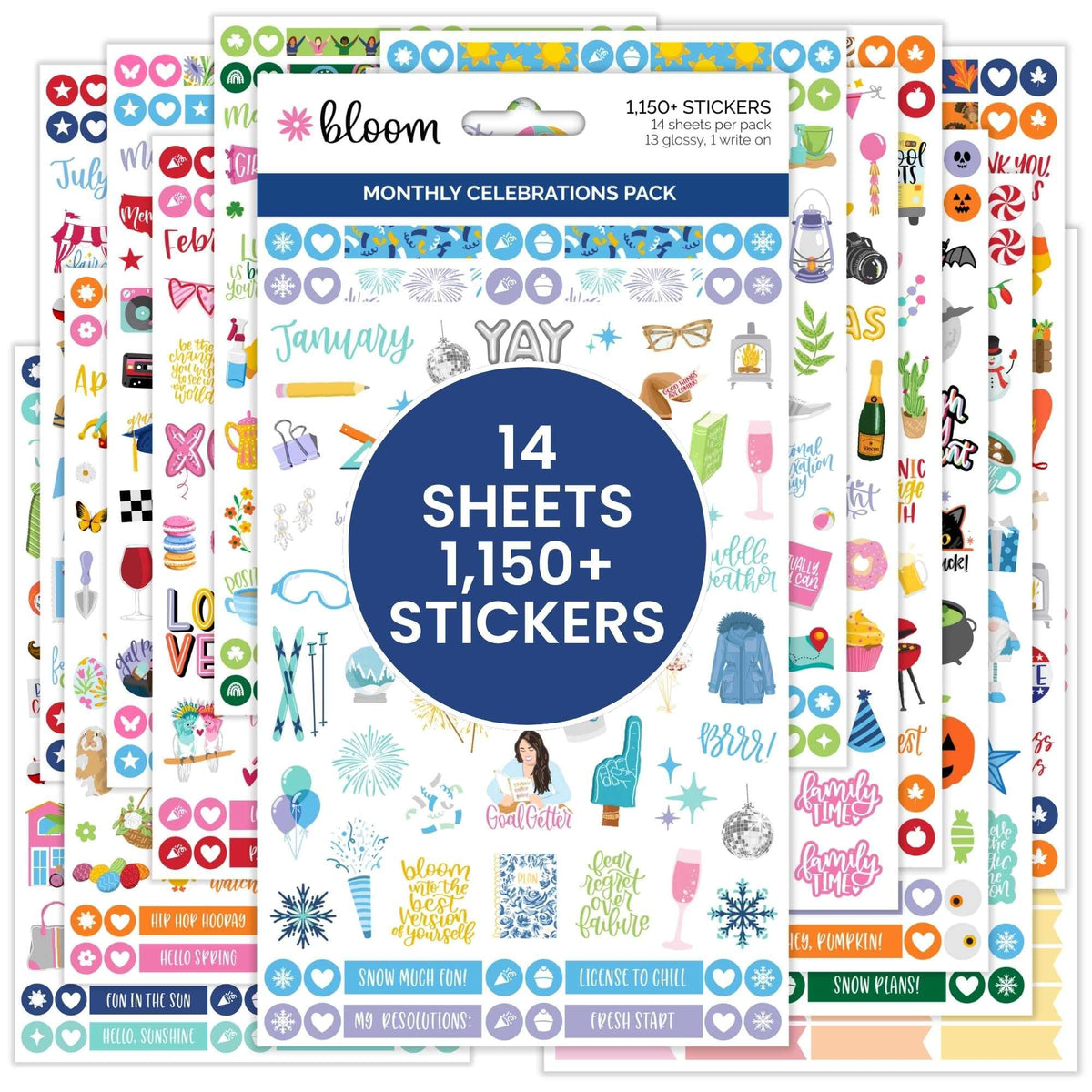 bloom daily planners Monthly Celebrations Planner Stickers for Calendar Decorating, Planning, Scrapbooking - Holiday, Seasonal, & General Events (14 Sheets, 1,150+ Stickers per Pack) - Cool Tones