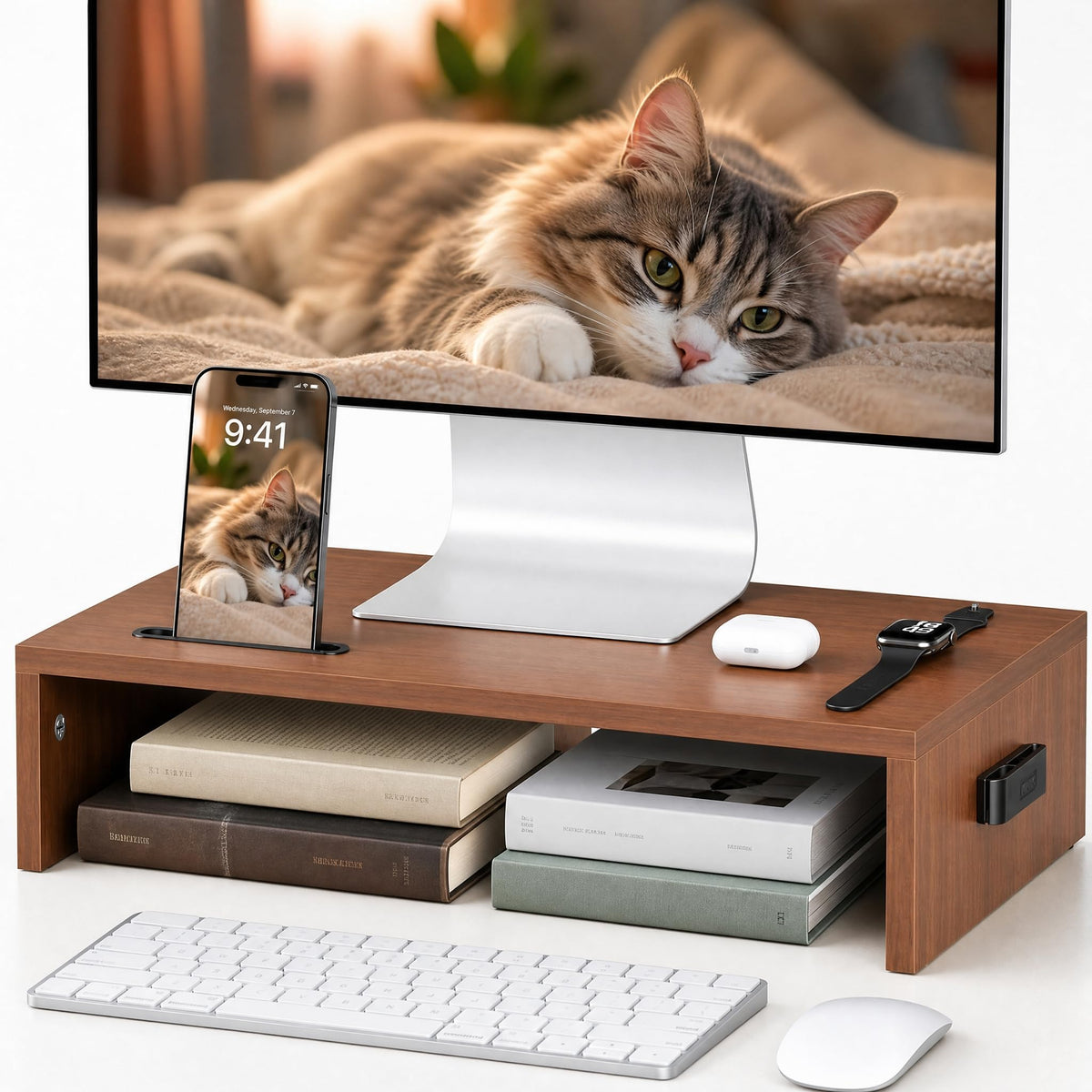 1home Monitor Stand Riser, 16.7 Inch Wood Monitor Riser Stand with Storage Organizer, Desktop Ergonomic Monitor Stand Riser with Cellphone Holder and Cable Management, Black