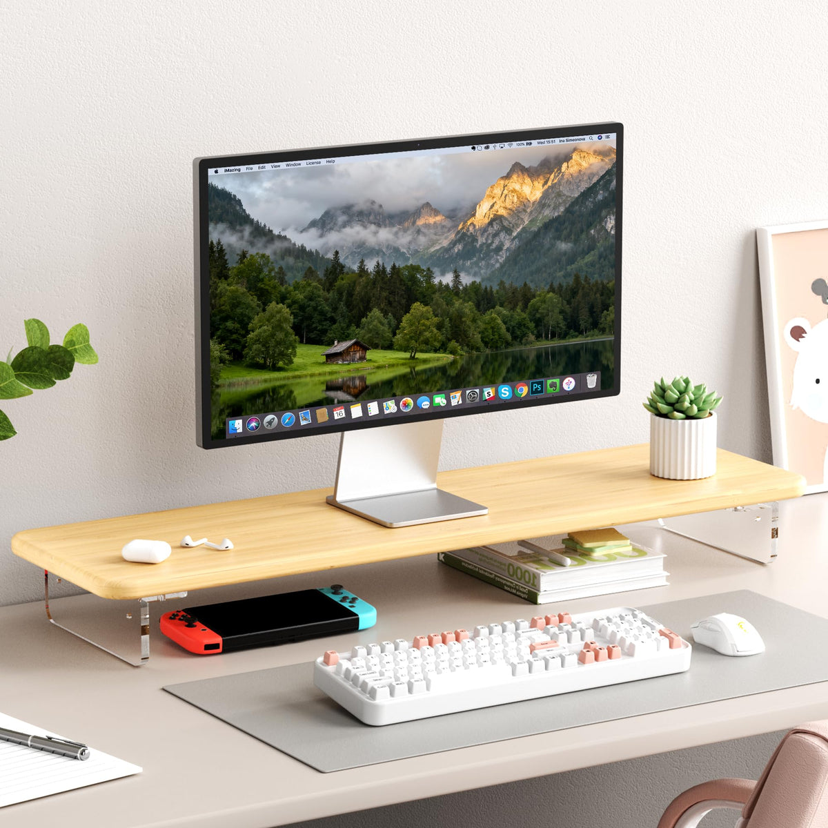 Dual Monitor Stand Riser, 39.4 Inch Large Monitor Stand with Storage Shelf, 2-Tier Desk Organizer for PC, Laptop, Printer | 2 Slots for Phone/Tablet, Computer Monitor Riser, Wood Desk Shelf for TV