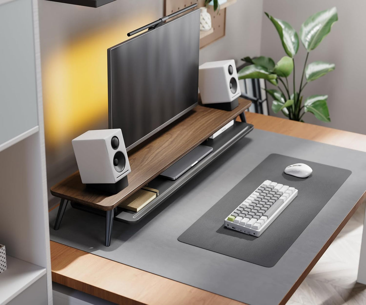 Fenge Dual Monitor Stand Riser, Wooden Desk Shelf with 2-Tier Storage