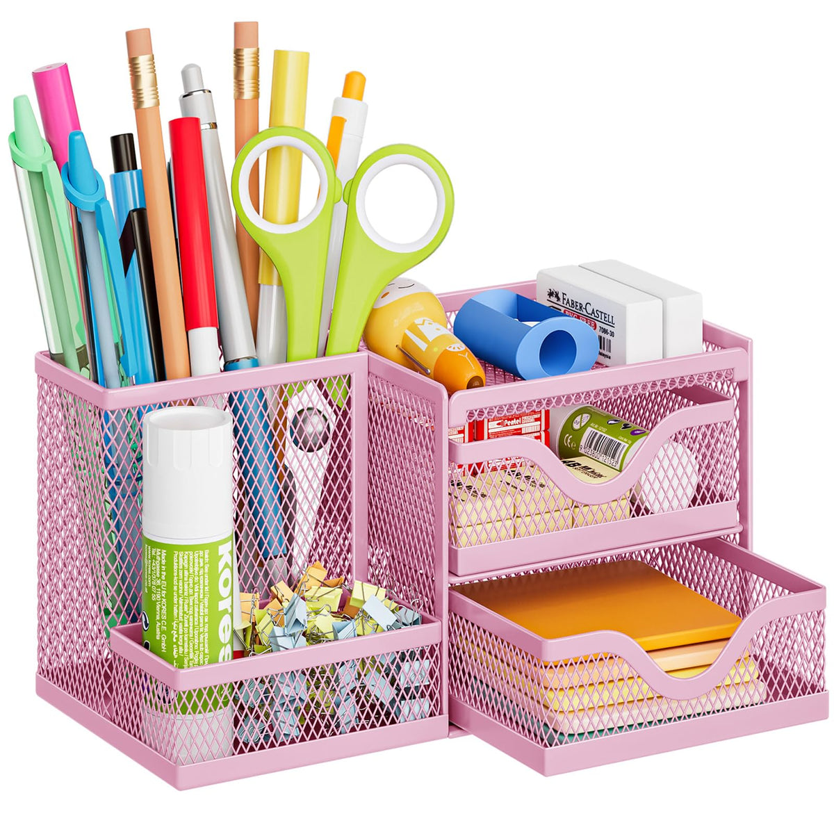 Marbrasse Mesh Pen Holder with 2 Drawers, Multi-Functional Pencil Organizer for Desk, Desk Organizers and Accessories with 3 Compartments + 2 Drawers for Office Art Supplies (Black)