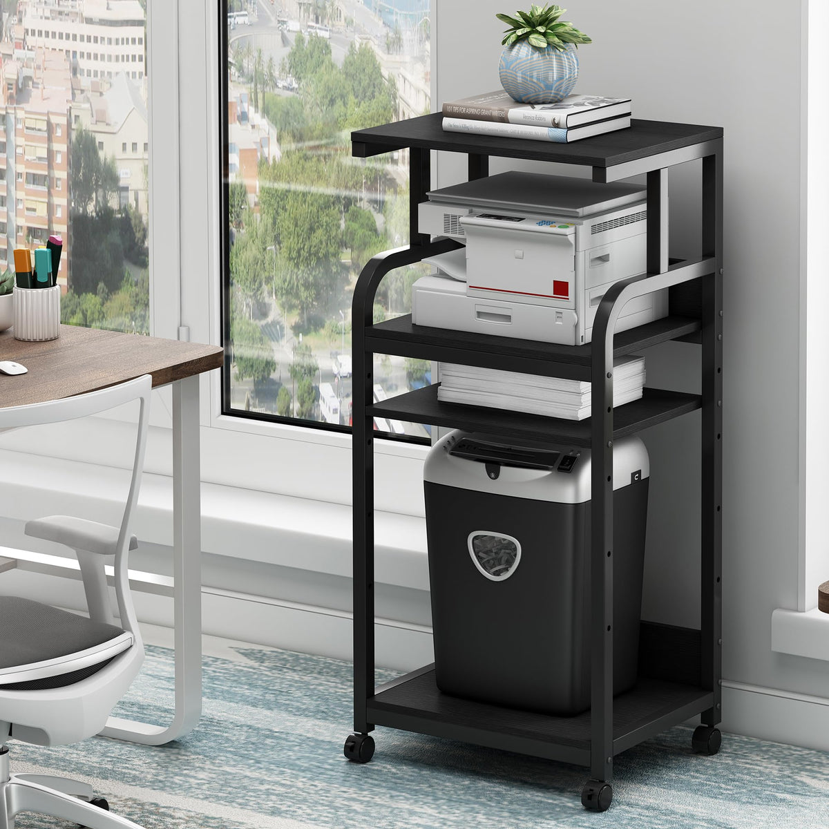 Fannova 4-Tier Printer Stand with Adjustable Storage Shelf, Large Tall Printer Table with Wheels for Home Office Small Spaces Organization, Rustic Brown