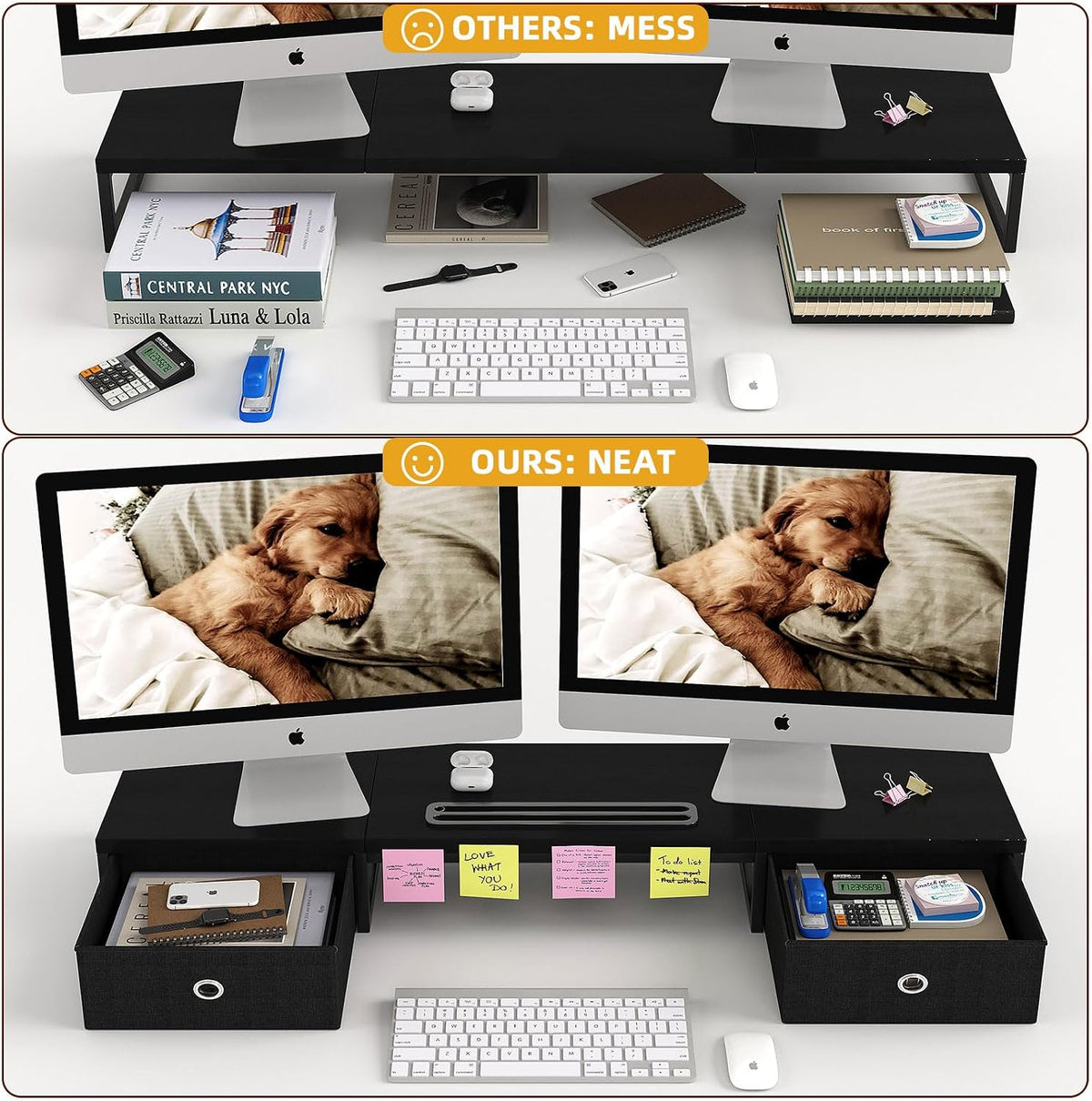 39 Inch Dual Monitor Stand Riser with 2 Drawers - Large Black Wooden Computer Stand for 2 Monitors, Ergonomic Desk Organizer with Phone Holder, Desktop Storage for Laptop, Office Supplies, Home Office