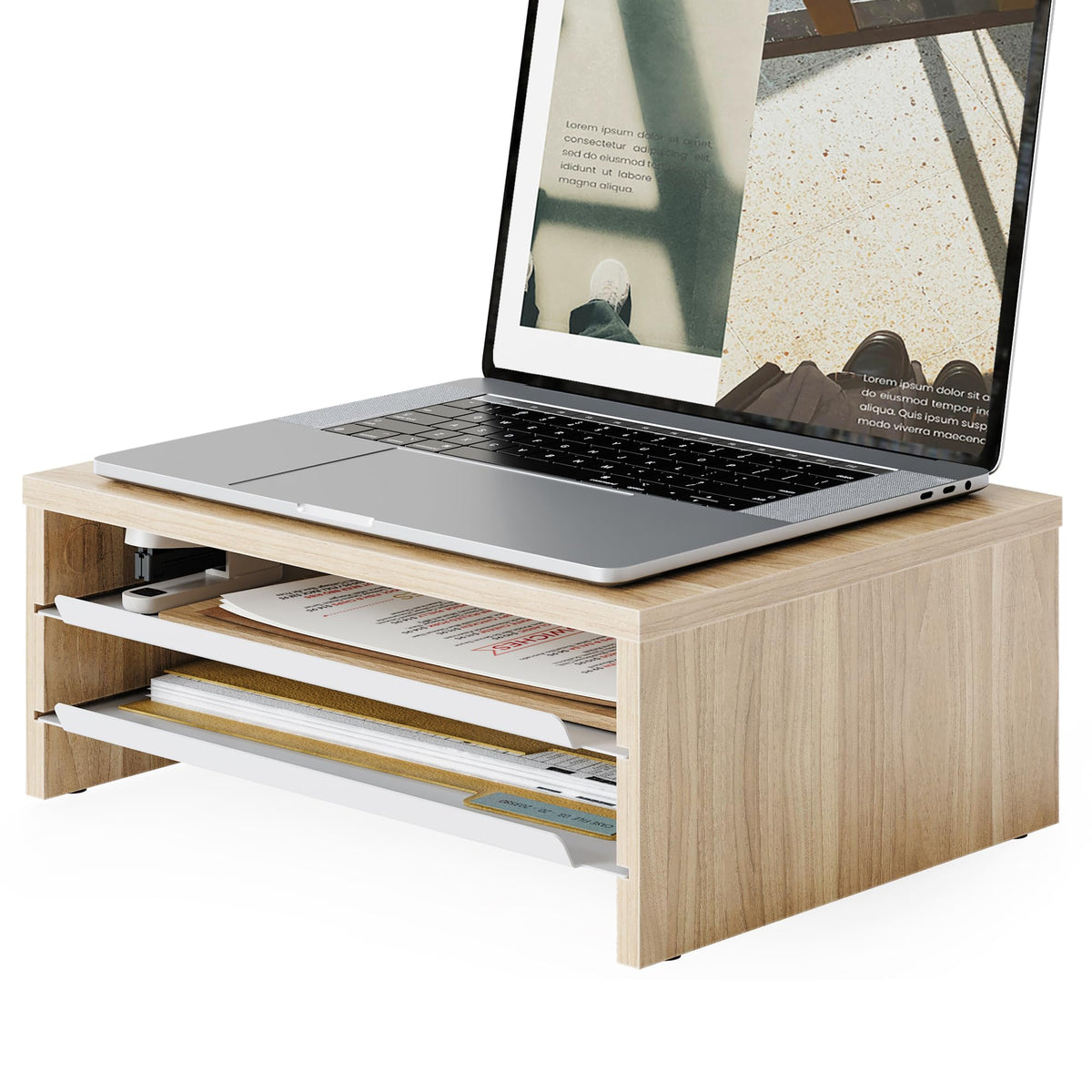 Fenge 14.3-Inch Monitor Stand with Slide-Out Trays, Wood & Metal Desk Shelf