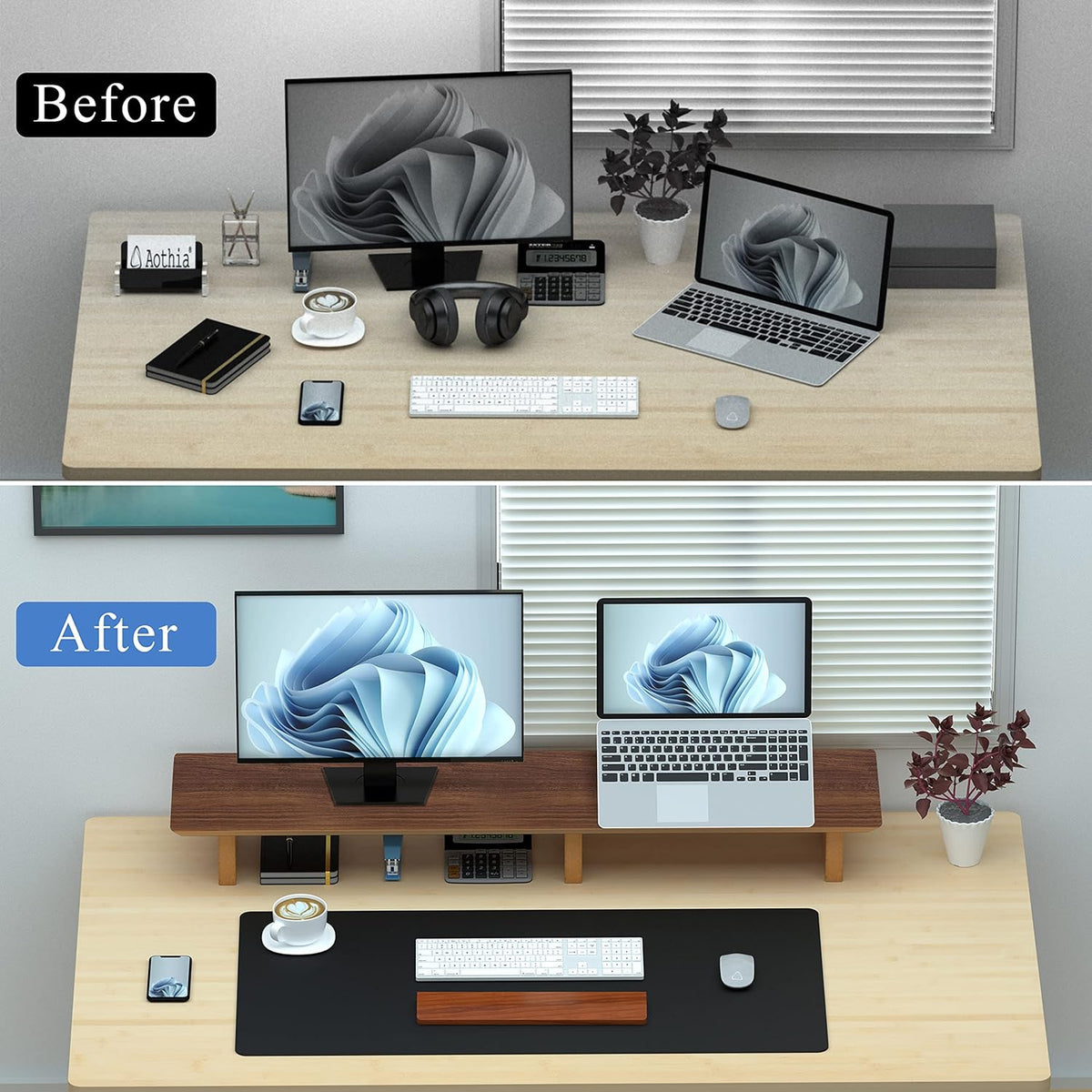 Aothia 43 inch Black Walnut Finish Dual Monitor Stand for Desk, Cork Legs