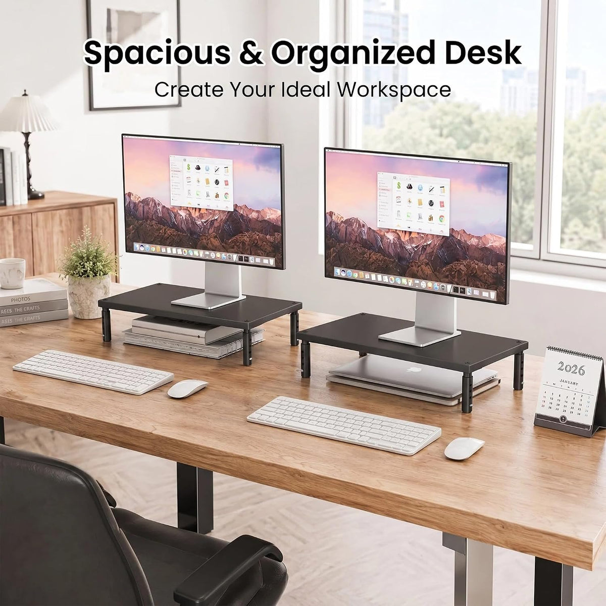 OPNICE Adjustable Monitor Stand Riser for Desk, Wood Computer & Laptop Stand, Desk Organizers and Accessories, Office Desk Accessories & Workspace Organizer for Home Office Supplies, Black 2-Pack