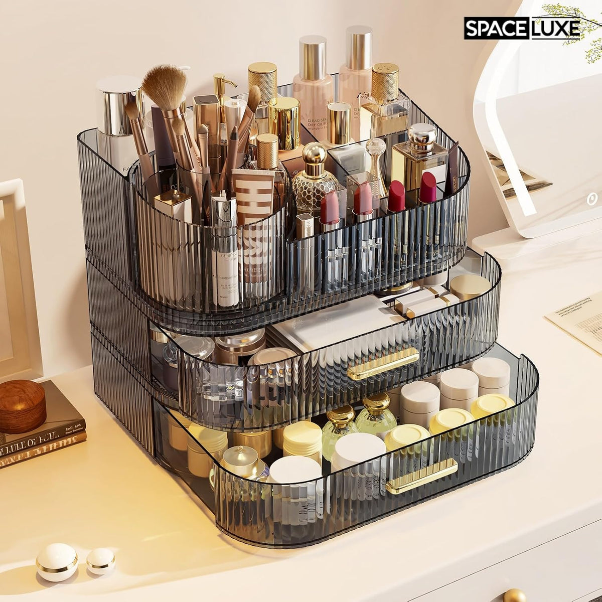 Large Makeup Organizer with Drawers, 360° Rotating Brush Holder