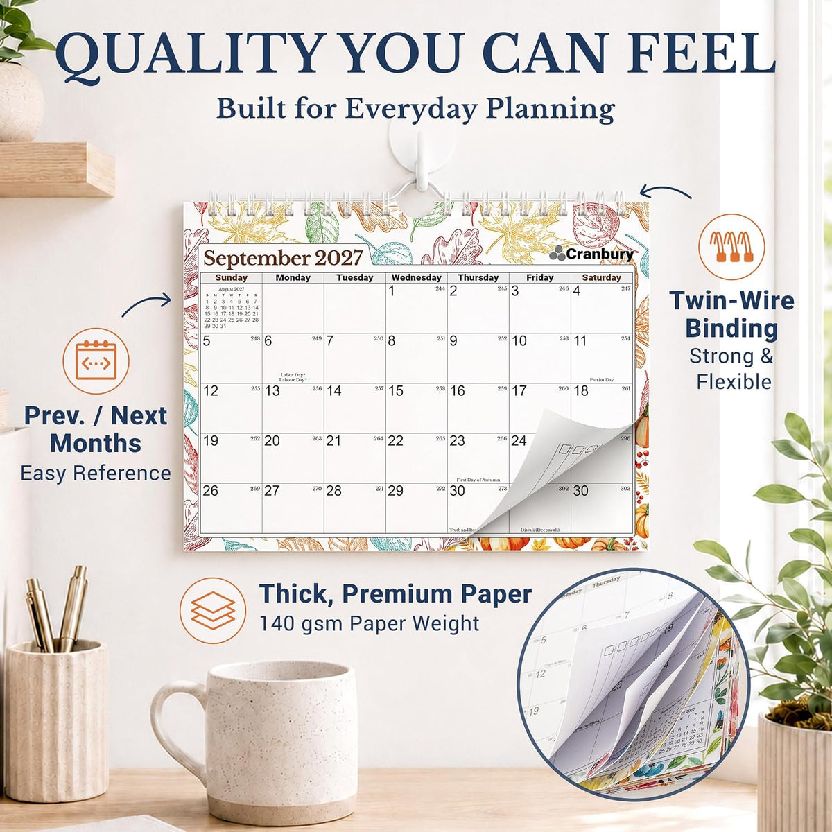 CRANBURY 2026-2027 Wall Calendar 8x6, 16-Month Mini Hanging Planner