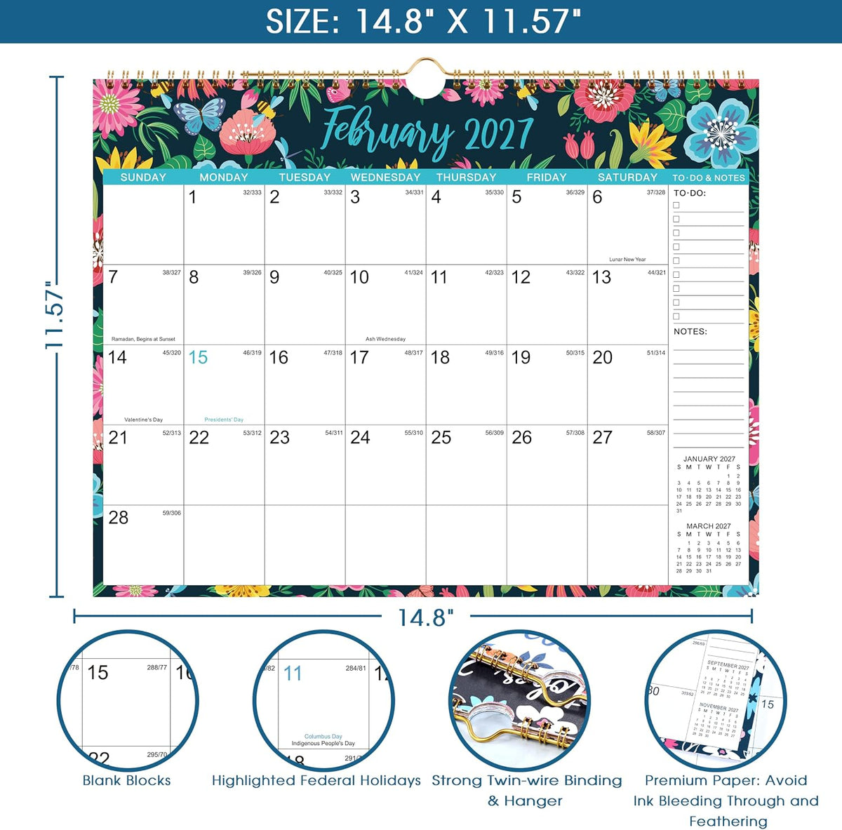 2027 Wall Calendar - Jan 2027 - Dec 2027, 12 Months Hanging Monthly Calendar 2027, 14.8" x 11.57", Twin-Wire Binding, Julian Dates, Large Block, Notes, To-do List, Thick Paper, Perfect for Organizing