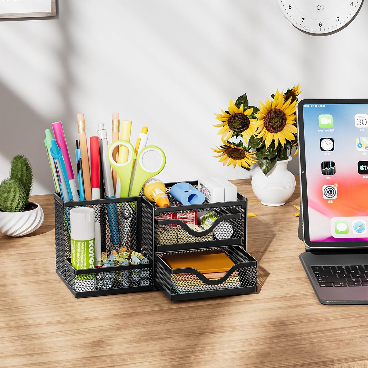 Marbrasse Mesh Pen Holder with 2 Drawers, Multi-Functional Pencil Organizer for Desk, Desk Organizers and Accessories with 3 Compartments + 2 Drawers for Office Art Supplies (Black)