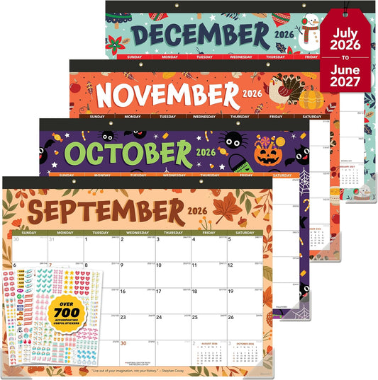 Decorably 12 Months Colorful Assorted Academic Desk Calendar 2026-2027