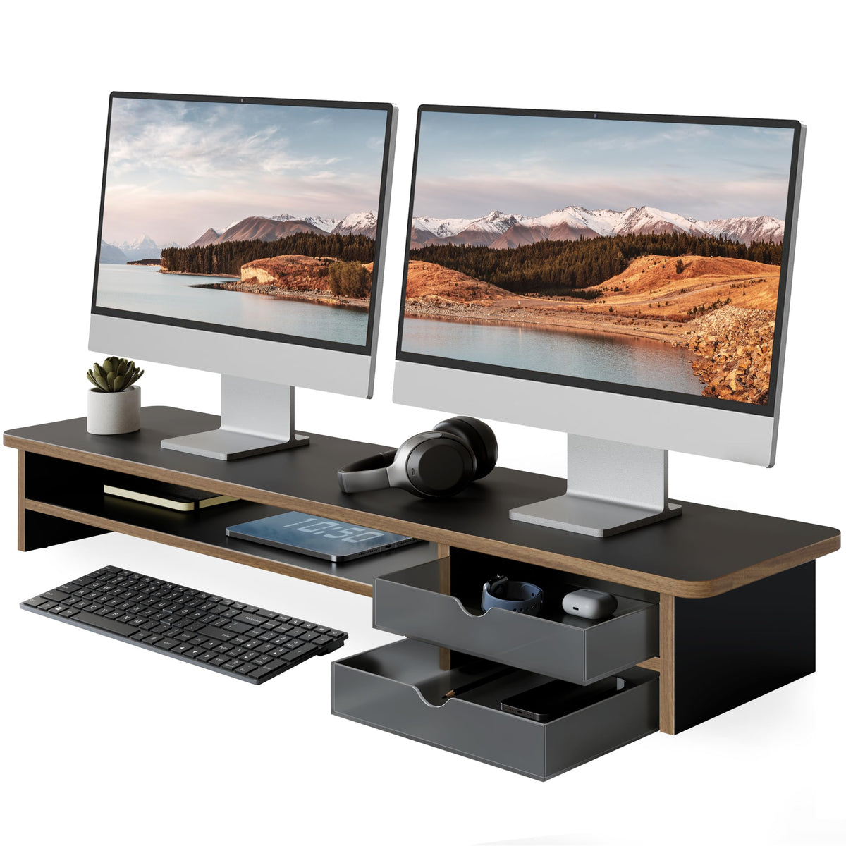 Fenge Monitor Stand, Desk Computer Riser with Frosted Storage Drawer, Black