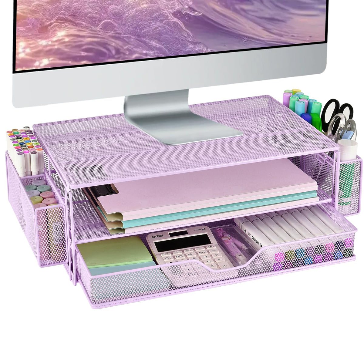 AUPSEN Wood Desk Organizers and Accessories, 2-Tier Computer Monitor Stand Riser with Drawer, Pen Storage & Phone Holder, Office Desk Accessories, Workspace Desktop Organization for Office Supplies（Brown）