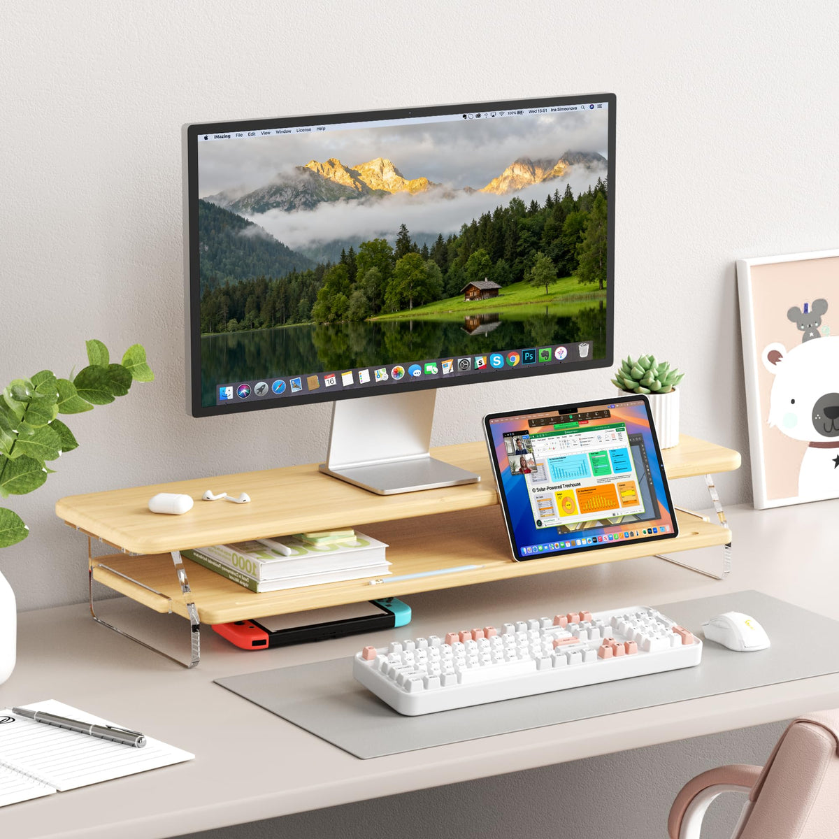 Dual Monitor Stand Riser, 39.4 Inch Large Monitor Stand with Storage Shelf, 2-Tier Desk Organizer for PC, Laptop, Printer | 2 Slots for Phone/Tablet, Computer Monitor Riser, Wood Desk Shelf for TV