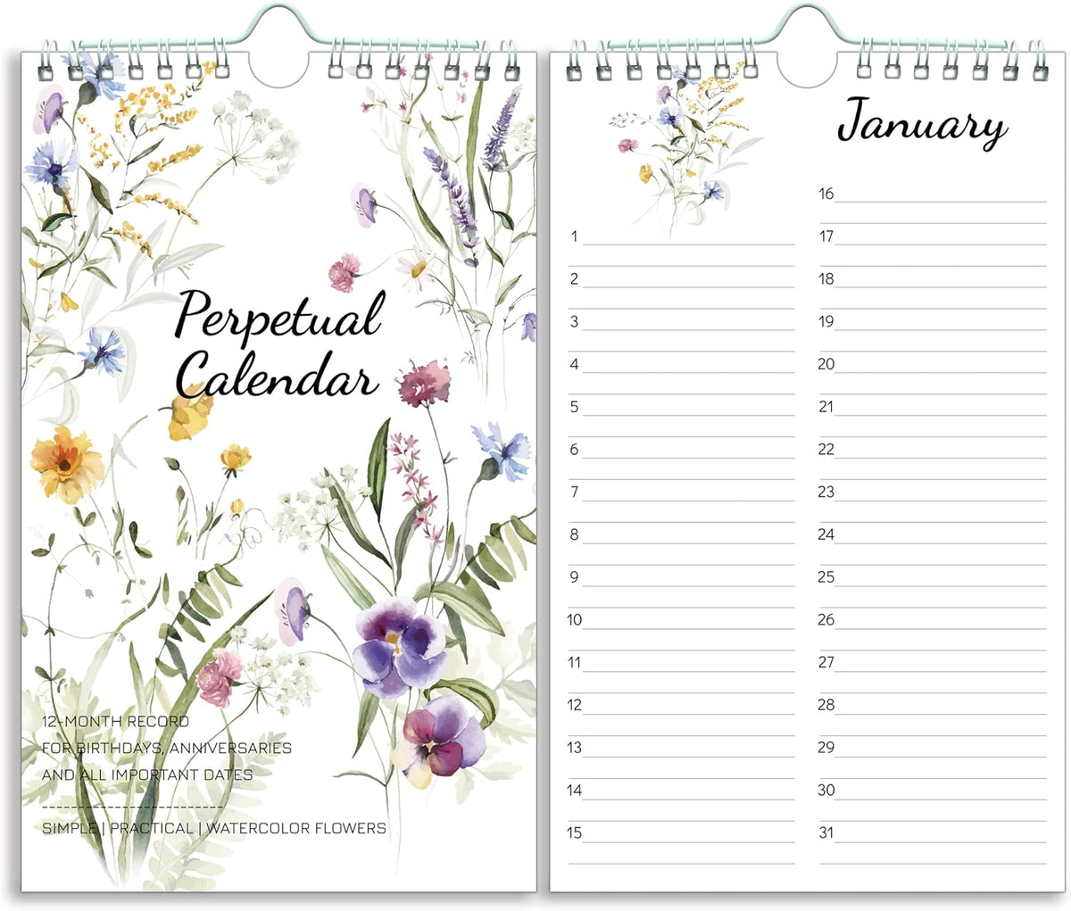 Perpetual Calendar – Undated Calendar 12-Month for Birthday, Anniversaries, Important Days, Festivals Reminder, 6'' x 10'' with 2 Lines Per Days, Twin-wire Binding, Thicker Paper, Minimalist Flowers