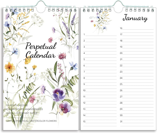 Perpetual Calendar – Undated Calendar 12-Month for Birthday, Anniversaries, Important Days, Festivals Reminder, 6'' x 10'' with 2 Lines Per Days, Twin-wire Binding, Thicker Paper, Minimalist Flowers