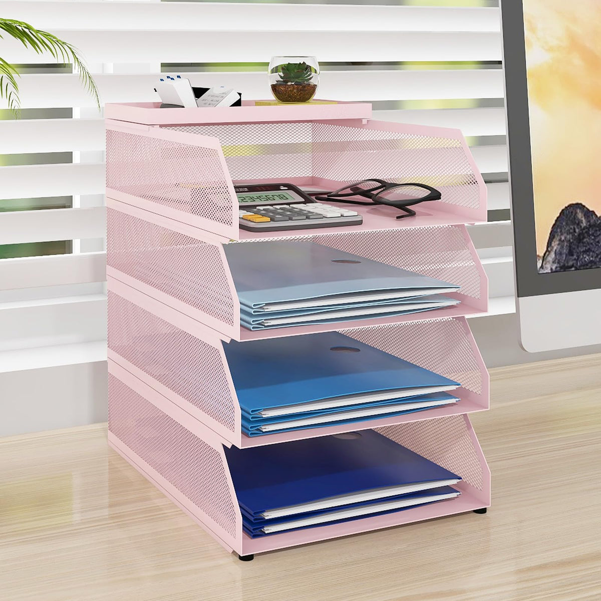 Natwind 4-Tier Stackable Metal Mesh Desk Paper Tray Organizer,Black