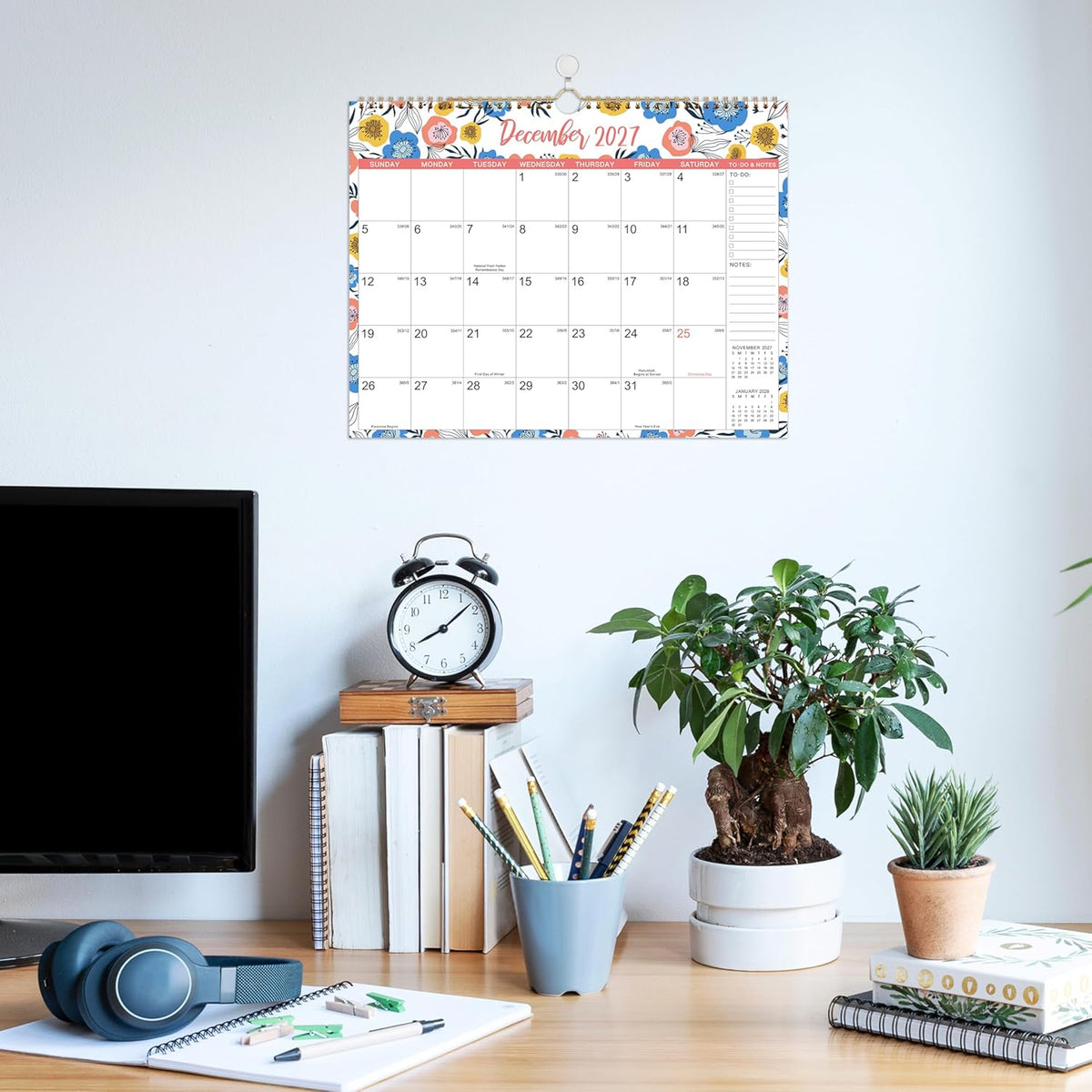 2027 Wall Calendar - Jan 2027 - Dec 2027, 12 Months Hanging Monthly Calendar 2027, 14.8" x 11.57", Twin-Wire Binding, Julian Dates, Large Block, Notes, To-do List, Thick Paper, Perfect for Organizing