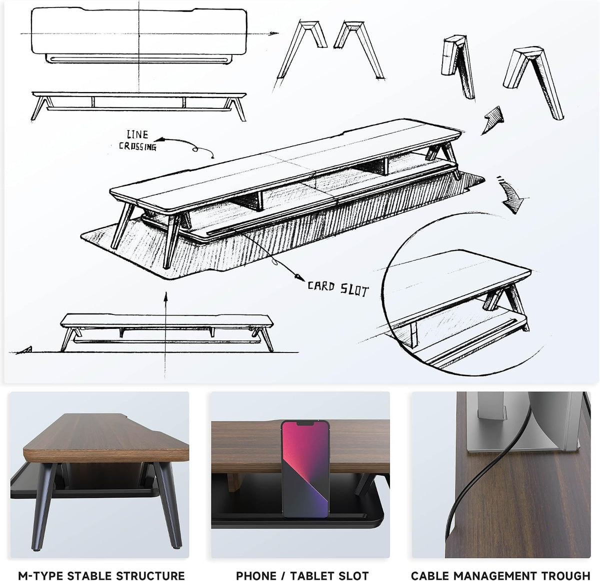 Fenge Dual Monitor Stand Riser, Wooden Desk Shelf with 2-Tier Storage