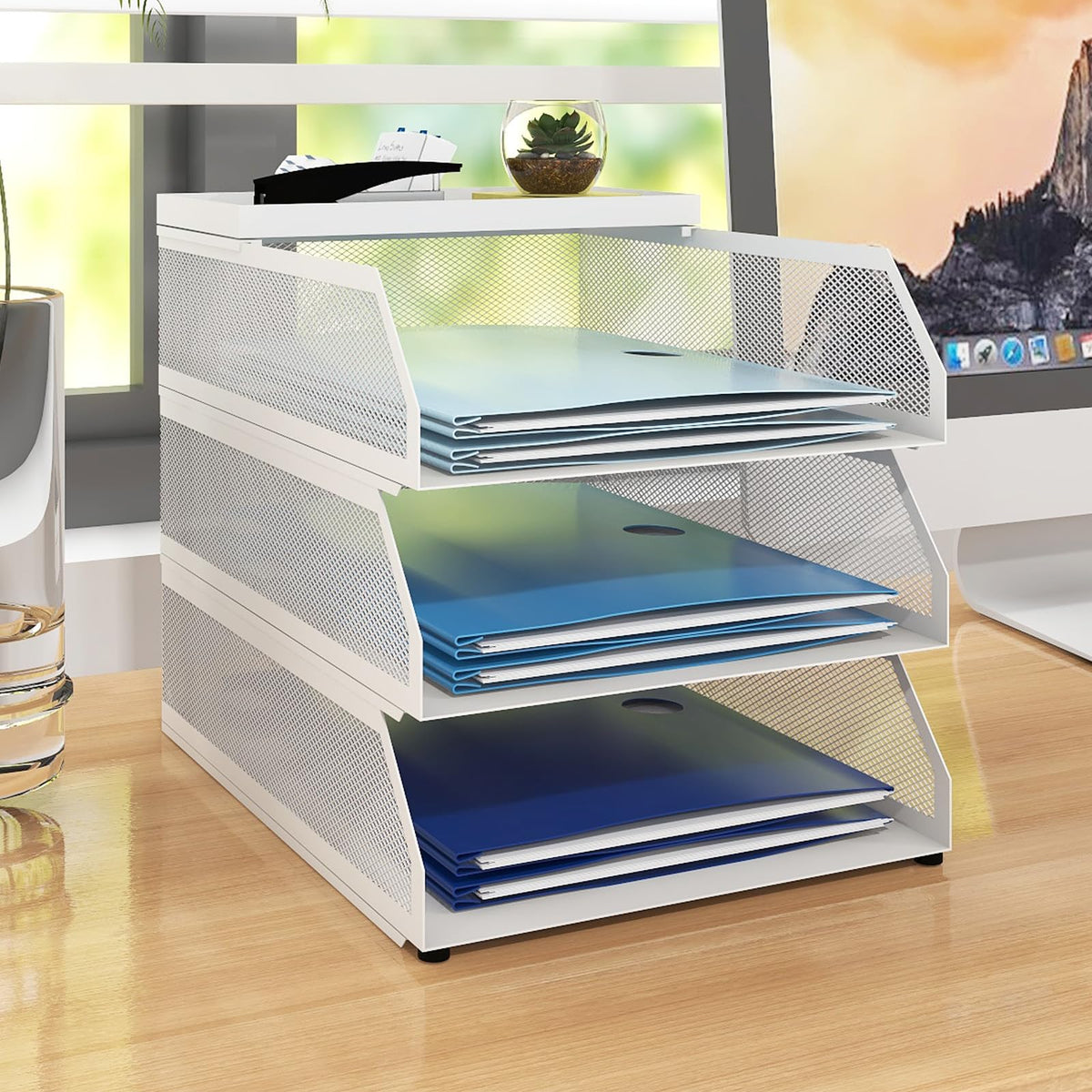 Natwind 4-Tier Stackable Metal Mesh Desk Paper Tray Organizer,Black