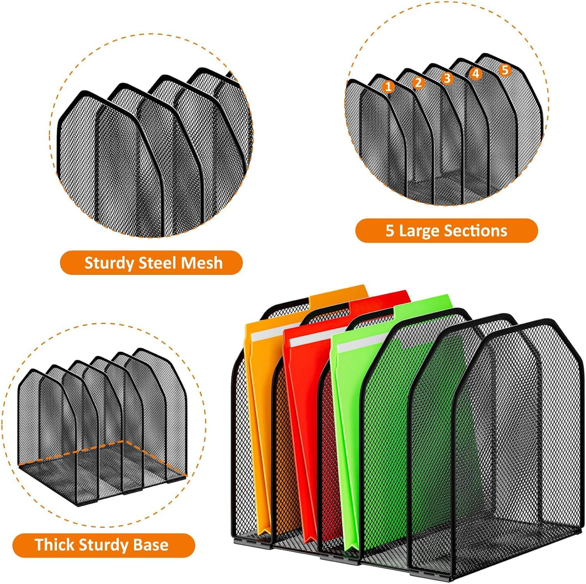 Desk File Organizer, Adjustable 5 Sections Upright Desktop File Sorter