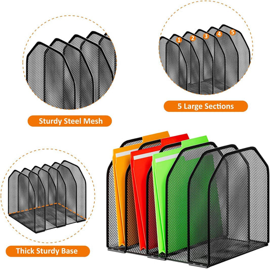 Desk File Organizer, Adjustable 5 Sections Upright Desktop File Sorter