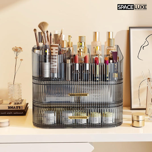 Large Makeup Organizer with Drawers, 360° Rotating Brush Holder